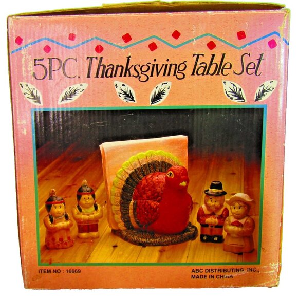 Vintage Thanksgiving Table Set Salt & Pepper Pilgrims Native American Turkey - Picture 9 of 10